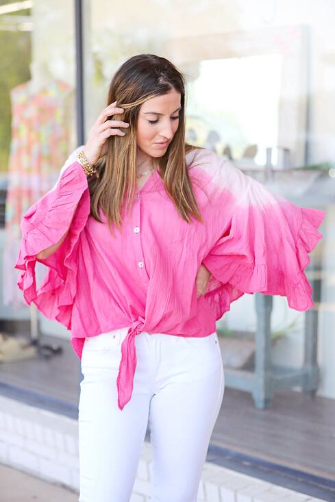 ivy jane Tops - Ivy Jane Top Flutter Blouse NWT Ombre Pink Tie Front S/M Flowy Sleeve Button
